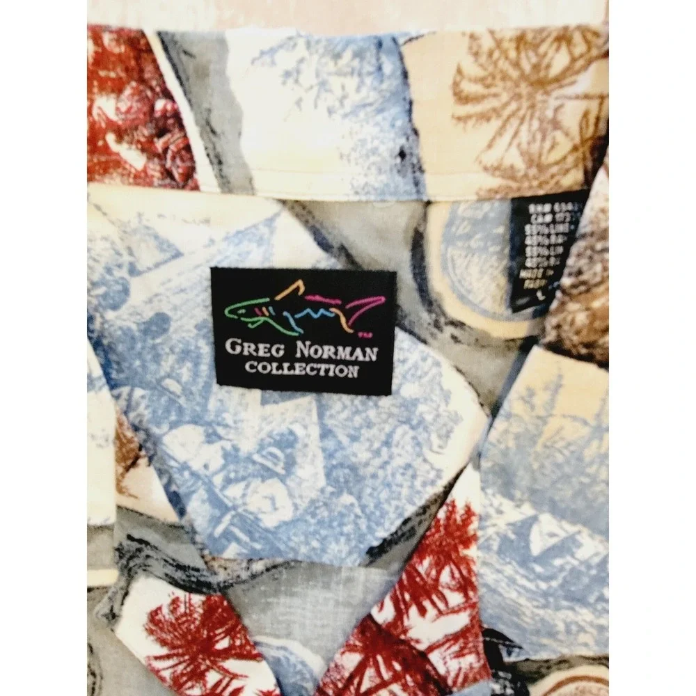 Greg‎ Norman L Hawaiian Shirt Men Short Sleeve Button Down Colorful Linen Blend